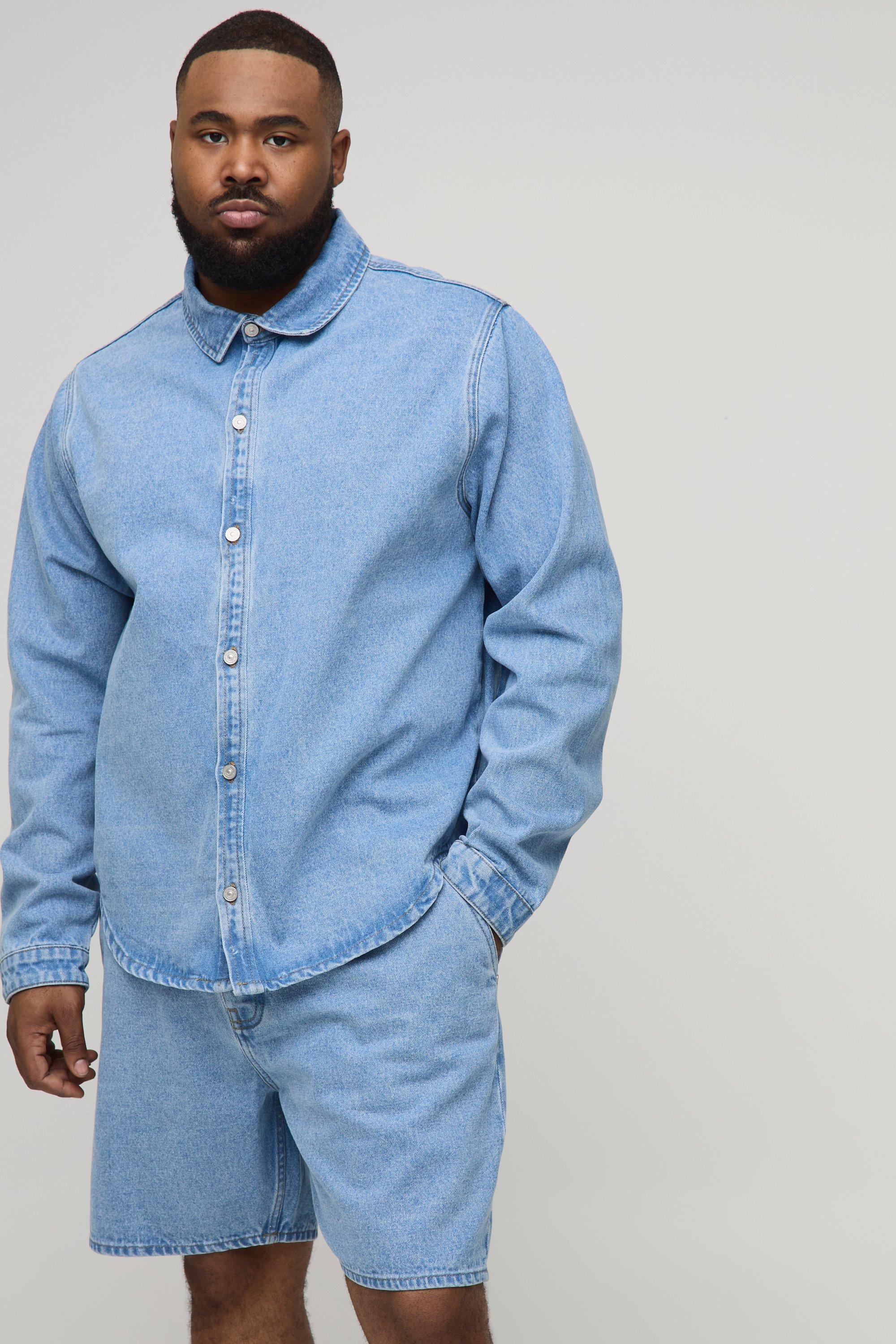Mens Grey Plus Denim Shirt & Jort Set, Grey